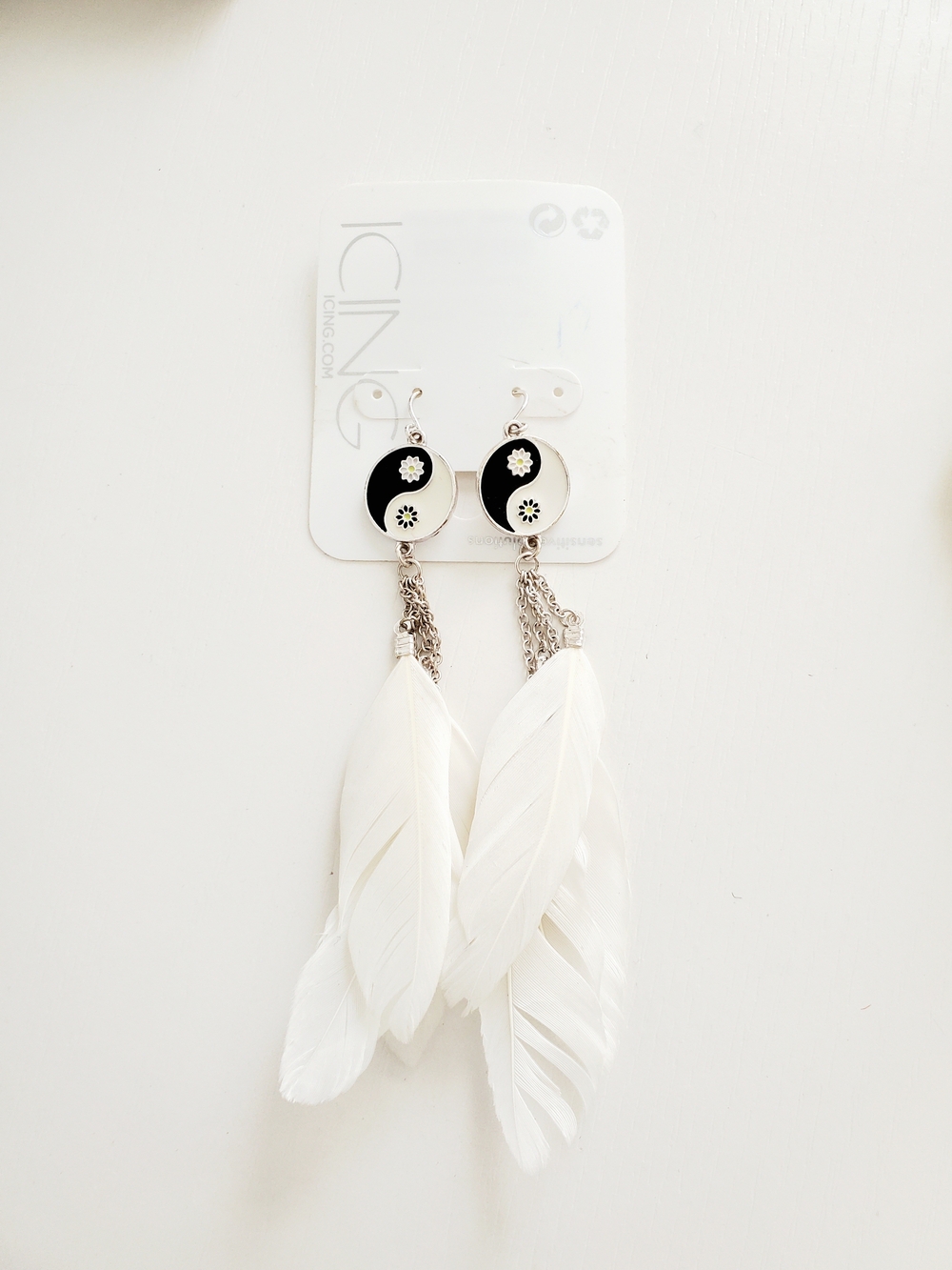 Icing Black & White Yin Yang Feather Drop Earrings